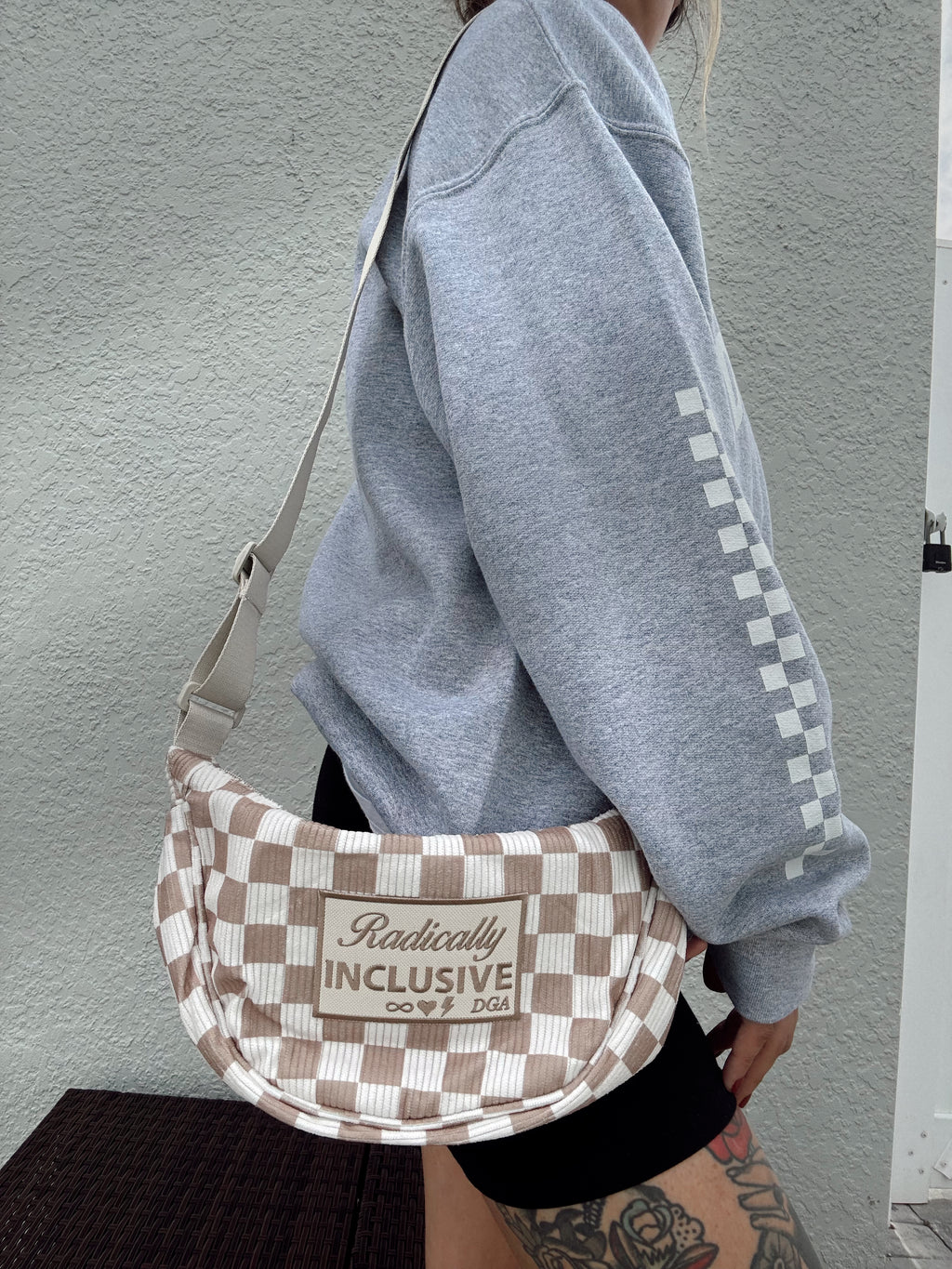 PRE-ORDER Radically Inclusive Checkered Corduroy Crescent Bag